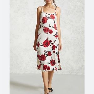 White and red rose satin midi dress
